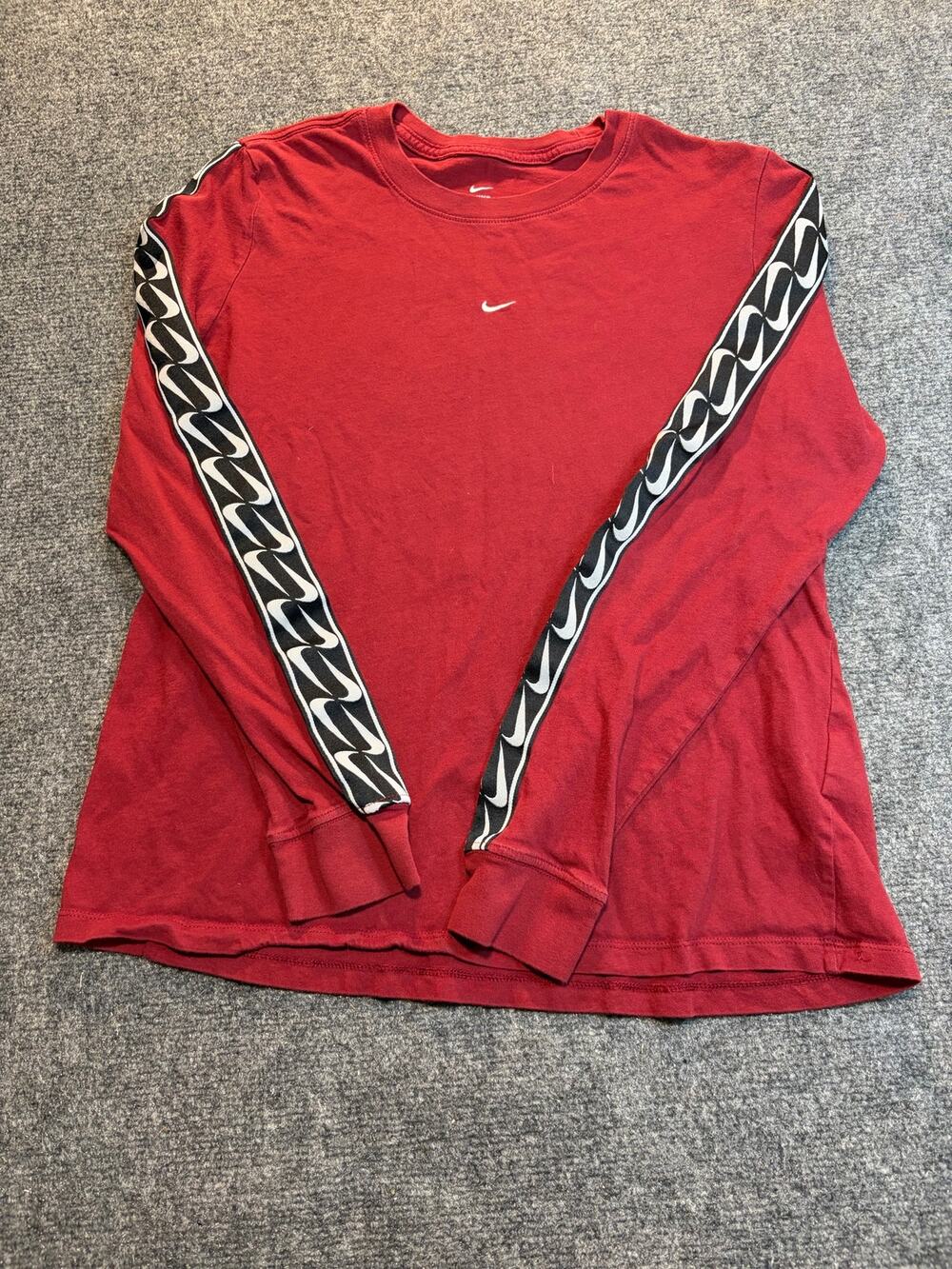 Nike Red Logo Tape Long Sleeve T-Shirt Women Size L Athletic Gym Workout Tee